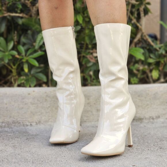 Women Mid Calf Square Toe Heel Boot Off White Color - Picture 2 of 5
